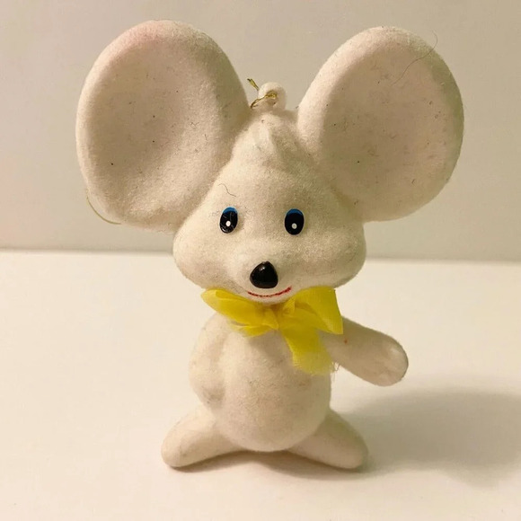 Vintage Flocked Mouse Christmas  Ornament Yellow Bow 3 Inch Tall Figure - Picture 1 of 11